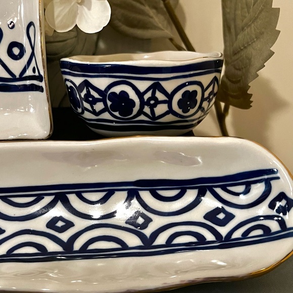 Cottage Style Blue, White, Gold Pottery Set: Olive Boat, Jewelry Dish & Bowl - Picture 3 of 5